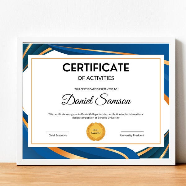 Blue Modern Certificate of Participation, Achievement, Download Award, Digital Recognition, Amazing Certificate Editable, Printable Template