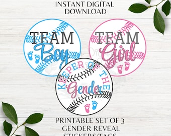 Baseball Theme Set of 3 Printable Gender Reveal Favor Tags Baseball Baby Shower Themed Favor Stickers Gender Keeper Instant Download PDF PNG