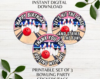 Bowling Themed Set of 3 Printable Birthday Party Favor Tags Bowling Team Party Favor Sports Stickers Instant Download PDF PNG
