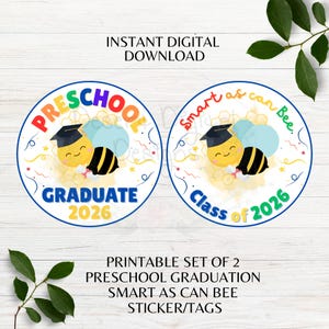 May include: Two circular stickers with a bee wearing a graduation cap. One says "Preschool Graduate 2026" and the other says "Class of 2026". The text "Smart as can Bee" is also included. The stickers are for preschool graduation.