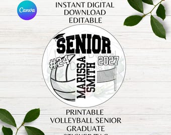 Senior 2027 Graduate Editable Volleyball Sticker Tag Printable Sports Tag Volleyball Player Editable Tag Canva Template Instant Download