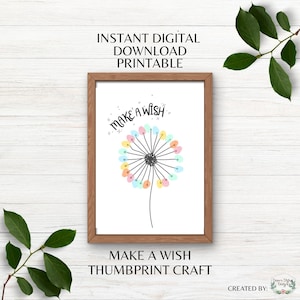 Doe een wens Afdrukbare paardebloem vingerafdruk Craft Doe een wens Paardebloem kunst Craft Kinderen schilderij Craft Instant download pdf, png