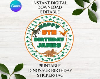 Happy Birthday Dinosaur Themed Editable Birthday Sticker Tag Printable Dinosaur Party Editable Favor Tag Canva Template Instant Download