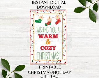 ¡Te deseamos una Navidad cálida y acogedora! Etiqueta de regalo navideña imprimible para compañeros de trabajo y profesores. Descarga instantánea en formato PNG y PDF.