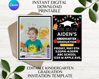 Invitación de graduación con foto editable para jardín de infantes, imprimible, plantilla Canva para invitación de graduación, descarga instantánea.