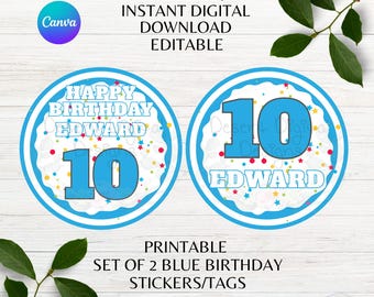 Happy Birthday Blue Themed Editable Birthday Sticker Tag Printable Name Age Blue Confetti Birthday Favor Tag Canva Template Instant Download
