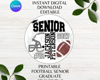 Senior 2027 Graduate Editable Football Sticker Tag Printable Sports Tag Football Player Editable Tag Canva Template Instant Download