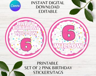 Pink Happy Birthday Themed Editable Birthday Sticker Tag Printable Name Age Pink Confetti Birthday Favor Tag Canva Template Instant Download