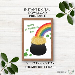 Manualidad imprimible con huella dactilar para el Día de San Patricio, recuerdo de huella dactilar de olla de oro para niños, plantilla de arte digital DIY, manualidad escolar