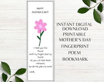 Mother's Day Printable Bookmark Flower Fingerprint Bookmark Mother's Day Gift Mother's Day Craft Instant Digital Download PDF PNG