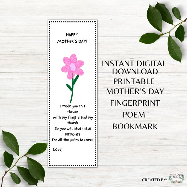 Mother's Day Printable Bookmark Flower Fingerprint Bookmark Mother's Day Gift Mother's Day Craft Instant Digital Download PDF PNG