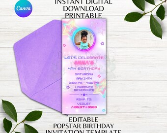 Popstar Birthday Invite Editable Purple Pink Party Invitation Printable Popstar Birthday Party Canva Template Instant Digital Download
