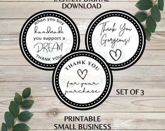 Minimalist Small Business Thank You Stickers Printable Black and White Appreciation Tags Set of 3 Stickers Instant Digital Download PDF PNG