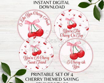 Cherry Themed Valentine Sticker Tag Set of 4 Cherry Themed Saying Favor Tags Valentine Tags Sticker Set Instant Digital Download PDF PNG