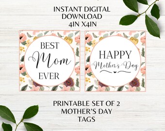 Happy Mother's Day Floral Tags Printable Best Mom Ever Tags Set of 2 Mother's Day Printable Tags Instant Digital Download PDF PNG