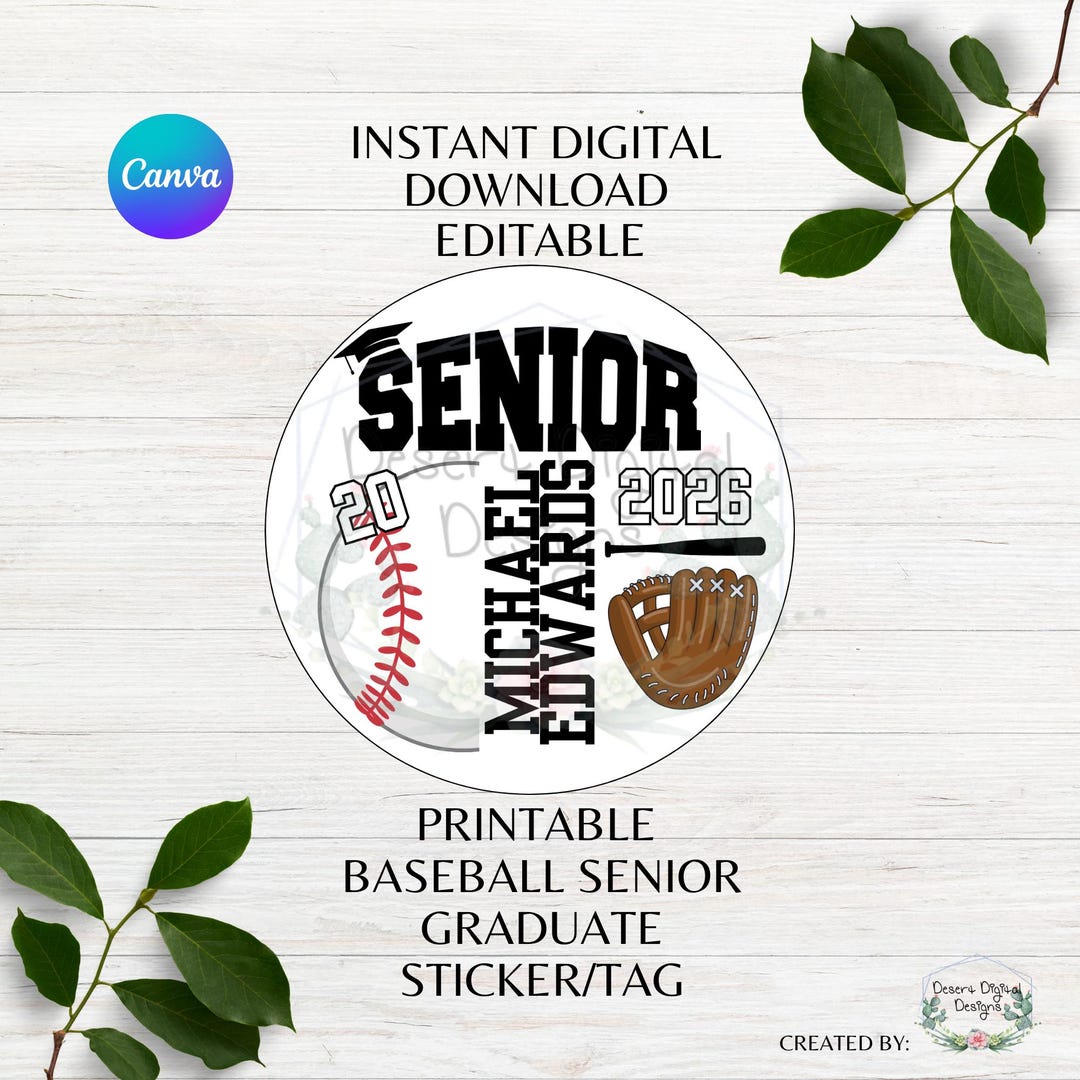 Senior 2026 Graduate Editable Baseball Sticker Tag Printable Sports Tag ...