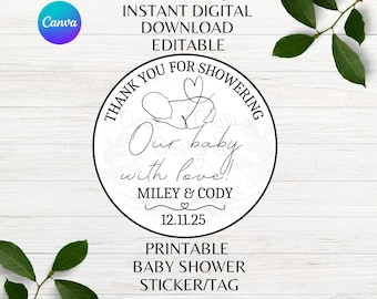 Thank You for Showering Our Baby with Love Minimalist Editable Baby Shower Sticker Thank You Party Favor Tag Canva Template Instant Download