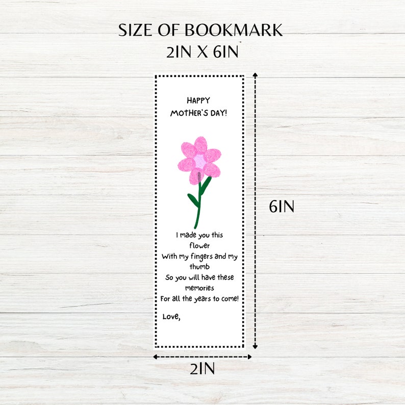 Op de afbeelding: Een roze bloemen-bladwijzer met de tekst "Happy Mother's Day!" en een gedicht over het maken van de bloem met vingers en duim. De bladwijzer is 5,1 cm bij 15,2 cm.