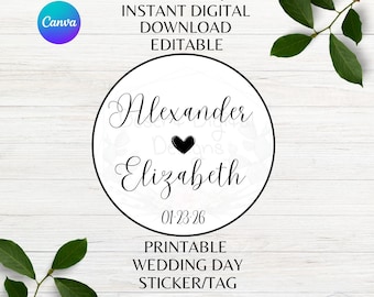 Minimalist Newlywed Names Editable Wedding Day Sticker Wedding Day Party Favor Tag Personalized Wedding Tag Canva Template Instant Download