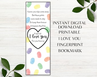 I Love You Printable Bookmark Fingerprint Mother's Day Bookmark Father's Day Gift Bookmark Instant Download PDF PNG