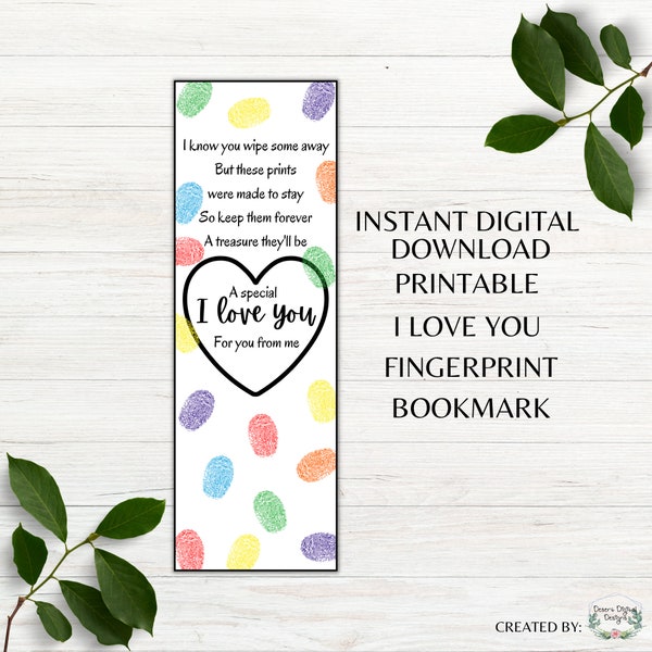 I Love You Printable Bookmark Fingerprint Mother's Day Bookmark Father's Day Gift Bookmark Instant Download PDF PNG