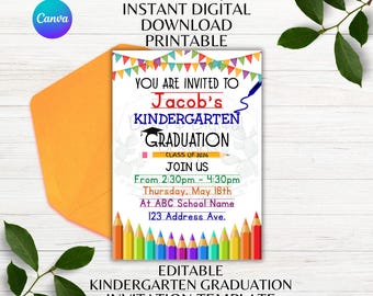 Kindergarten Editable Graduation Invitation Printable Kindergarten Grad Invite Colorful Invitation Canva Template Instant Digital Download
