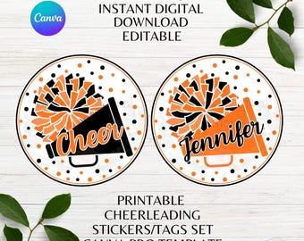 Cheer Editable Set of 2 Printable Cheer Stickers Cheer Editable Name Tag Fully Editable Cheer Team Canva Pro Template Instant Download
