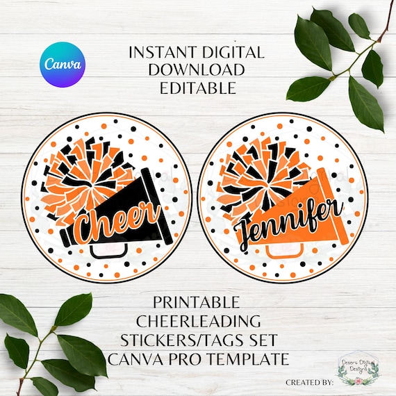 Cheer Editable Set of 2 Printable Cheer Stickers Cheer Editable Name Tag Fully Editable Cheer Team Canva Pro Template Instant Download