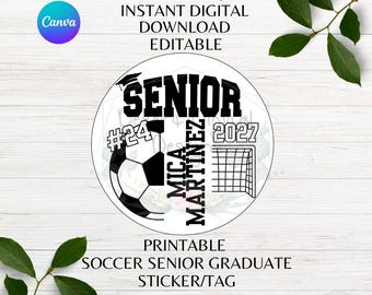Senior 2027 Graduate Editable Soccer Sticker Tag Printable Sports Tag Soccer Senior Player Editable Tag Canva Template Instant Download
