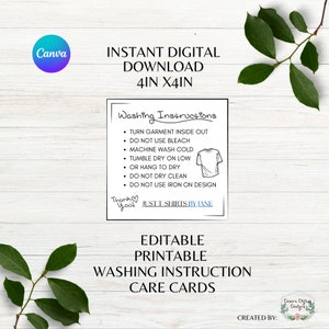 Carte ou étiquette d'instructions d'entretien pour t-shirt modifiable Étiquettes pour cartes de t-shirt petite entreprise Modèle Canva Téléchargement immédiat
