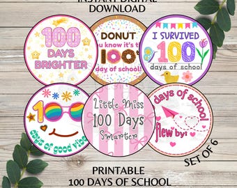 I Survived 100 Days Stickers 100 Days Brighter Tags Printable Classroom 100 Days Favor Stickers Set of 6 Themes Instant Download PDF PNG