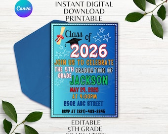 5th Grade Editable 2026 Graduation Invitation Printable 5th Grade Graduate Invite Blue Colorful Invitation Canva Template Instant Download
