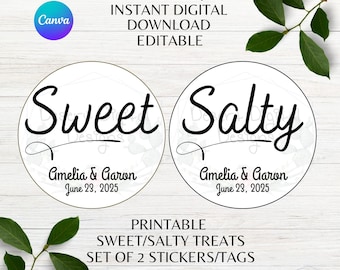 Sweet and Salty Editable Wedding Stickers Tags Printable His Favorite Her Favorite Wedding Party Favor Tags Canva Template Instant Download
