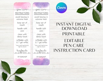 May include: Two printable pen care instruction cards with a purple and pink watercolor background. The cards feature the text "pencare instructions" and list instructions for caring for a pen, such as "avoid leaving in extreme heat", "keep out of mouth", "handle with care", "clean with damp towel", "refillable with 0.7 gel refills", and "handmade with love".