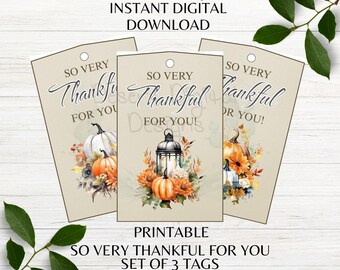 Conjunto de etiquetas de regalo "Muy agradecido por ti", etiquetas de regalo imprimibles para Acción de Gracias y otoño, etiquetas de calabaza listas para imprimir, descarga digital instantánea PNG PDF