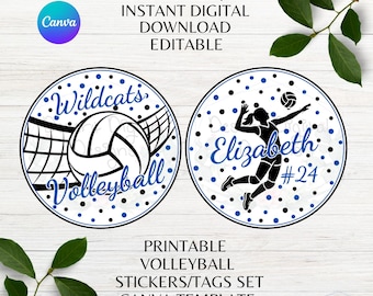 Volleyball Editable Set of Printable Volleyball Stickers Name Number Tag Fully Editable Volleyball Team Canva Template Instant Download