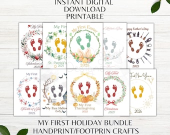 Baby's First Holiday Bundle Handprint Art Crafts Holiday Footprint Crafts Set of 10 Baby's First Keepsake Craft Instant Digital Download PDF