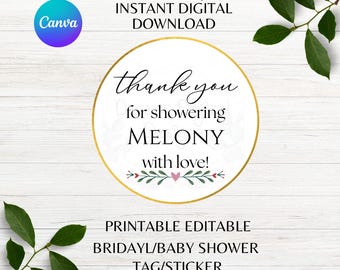 Thank you for Showering Me with Love Bridal Party Stickers Tags Printable Baby Shower Party Favor Tags Canva Template Instant Download