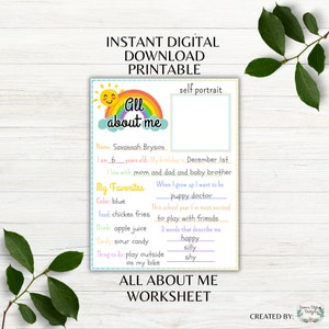 All About Me Printable Back to School Worksheet First Day of School All About Me Worksheet Printable Class Worksheet Instant Download PDF