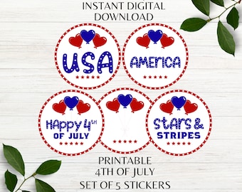 4th of July Stickers Printable 4th of July Tags July 4th Favor Tags Independence Day Stickers Instant Digital Download PDF PNG