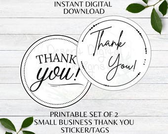 Small Business Thank You Set of 2 Printable Black and White Tags Minimalist Thank You Tags Stickers Instant Digital Download PDF PNG