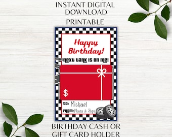 Buon compleanno stampabile portacarte regalo, carta regalo di compleanno a tema auto o portacontanti, PNG PDF a download immediato
