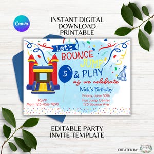 Let&#39;s Bounce Jump and Play Editable Party Invitation Jolly Jump Birthday Invite Canva Template Blue Editable Invite and Tag Instant Download