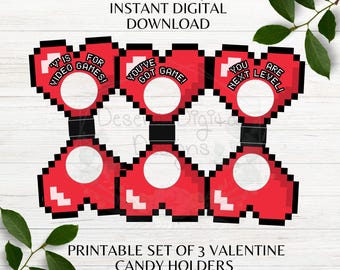 Gamer Heart Valentine Candy Holders Printable Set of 3 Gamer Pixel Heart Valentine Favors Printable Cut Out Instant Download PNG JPG PDF