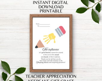 The Influence of a Teacher Appreciation Keepsake Printable Handprint Craft Teacher Thank You Kids Paint Craft Instant Download PNG PDF