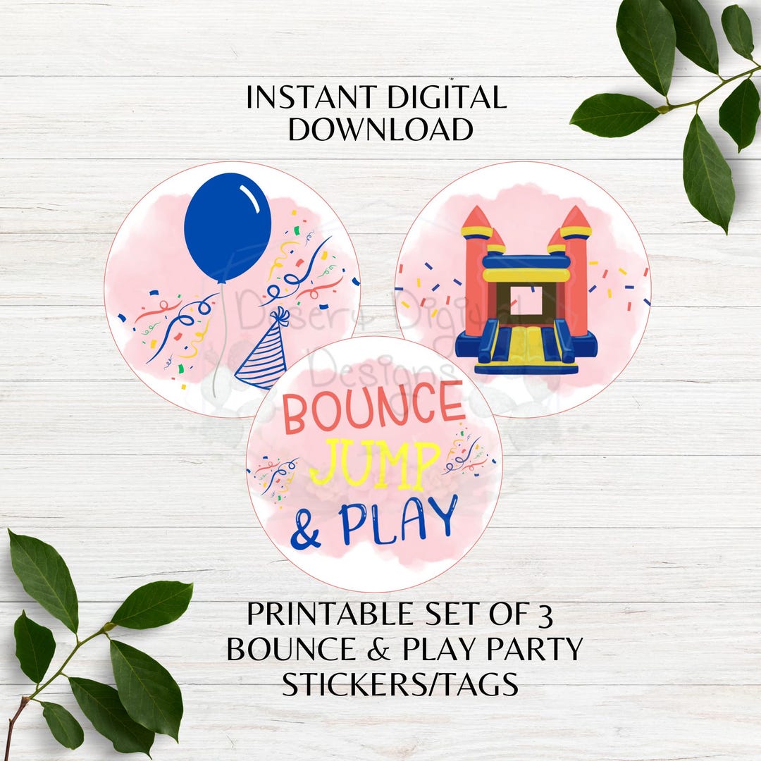 Bounce Sticker Pink Bounce House Printable Party Favor Stickers Jolly Jump Themed Tags ...