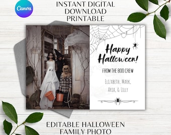 May include: A Halloween-themed digital printable featuring a family photo template. The design includes a photo of costumed children, the text "Happy Halloween!" and the names of the family members. The template is editable and available for instant download.
