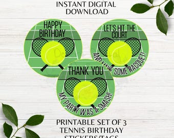 Tennis Themed Set of 3 Printable Birthday Party Favor Tags Tennis Team Party Favor Sports Stickers Instant Download PDF PNG