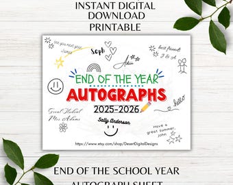 End of The Year Printable Autographs Sheet 2025-2026 Autographs Class Signatures Last Day of School Instant Digital Download PNG PDF
