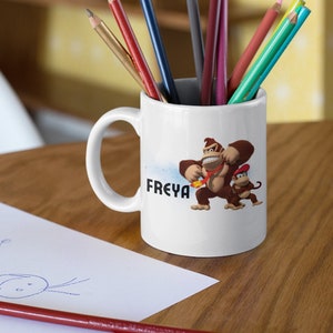 Personalized 6 Designs Nintendo Donkey Kong Diddy Kong inspired mugs, Monkey Kong mug, Diddy hand drawn w sketch background mug gifts
